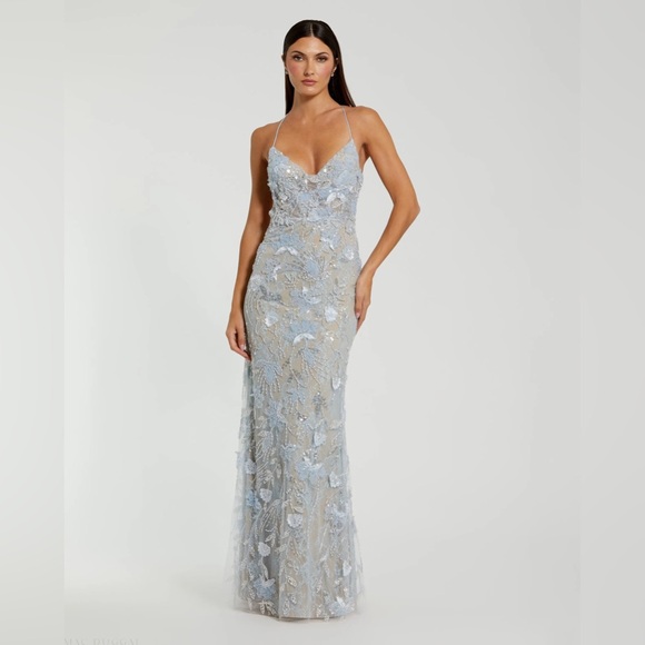 Mac Duggal Light Blue Floral Sequin Lace Gown Prom Dress